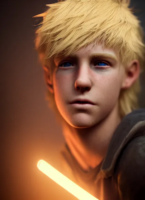 Image similar to ( ( ( ( ( hyperrealist cg of an epic fantasy blonde boy wearing thieves clothing ) ) ) ) ) by daniel f. gerhartz and matt stewart, fantasy, photorealistic, octane render, unreal engine, dynamic lighting, perfect factions, very detailed faces, trending on artstation, poster, volumetric lighting, 4 k, award winning