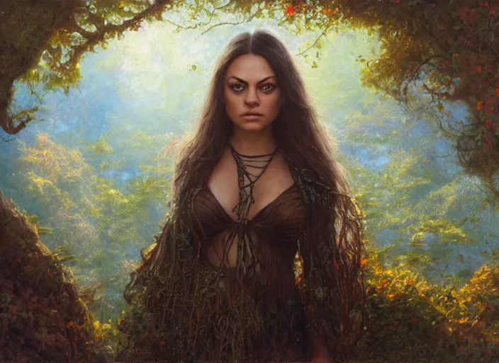 Image similar to Mila Kunis staring into the camera, misty wisps, Lilia Alvarado, Sophie Anderson, Mark Arian, Bob Byerley, Charlie Bowater, Mark Brooks, Steve Henderson, Justin Gerard, Arthur Hughes, Edward Robert Hughes, Mark Keathley, Victor Nizovtsev, Carlos Shwabe, Ross Tran, WLOP