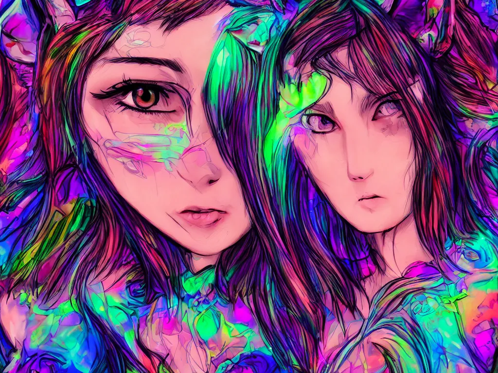 Prompt: girl with cat ears, psychedelic, lsd, trending on artstation, digital art, anime style, close - up face!!! portrait, 4 k