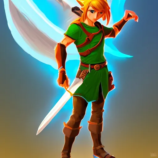 Image similar to upper body illustration of link from zelda in his god form, mattepainting concept blizzard pixar maya engine on stylized background splash comics global illumination lighting artstation, sharp focus, lois van baarle, ilya kuvshinov, rossdraws