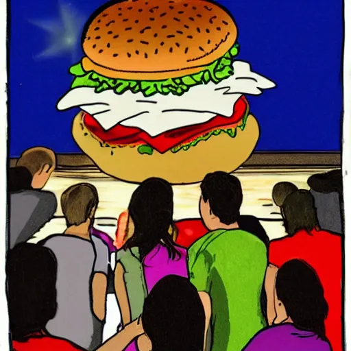 Image similar to people pray behind a hamburger god