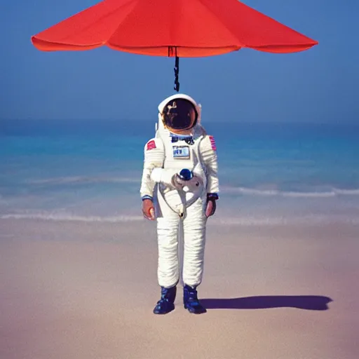 Image similar to a beautiful photo of an astronaut on the beach under a beach umbrella, summer sun, 1 9 7 0, soft light, morning light, photorealistic, realistic, octane, 8 k, cinematic shot