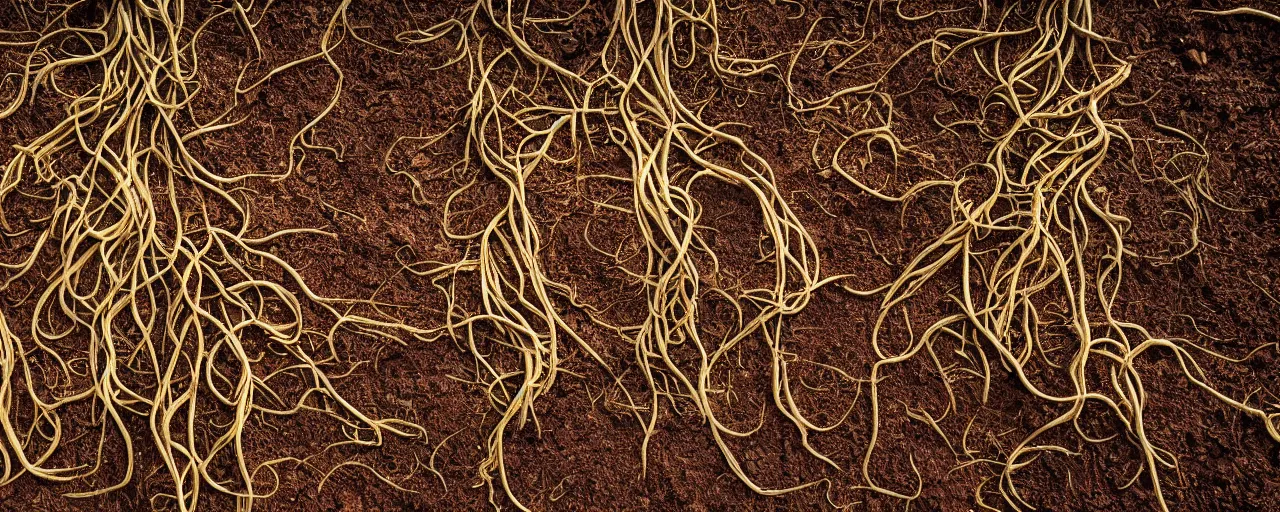 Prompt: roots made of spaghetti, growing from the dirt, kodachrome, in the style of wes anderson, retro