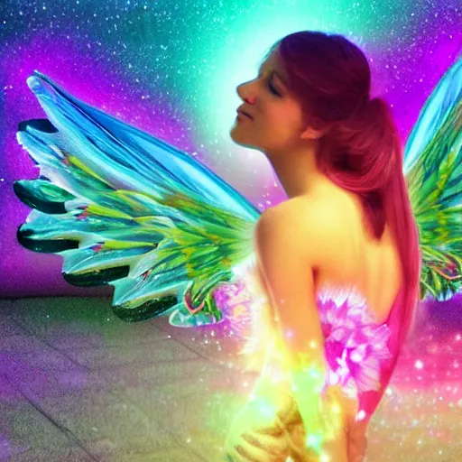 Prompt: fairy princess, galaxy wings, woodland grove, neon wings beautiful colorful pretty artistic 4 k artstation trending dramatic lighting realistic floral garden blooming flowers