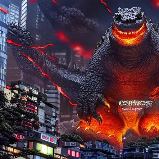 Image similar to Dwarf Godzilla destroys Tokyo, a super detailed high resolution cinematic scene