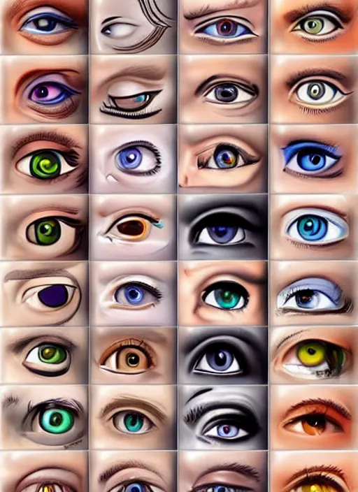 Prompt: diverse eyes!, life, hybrids, thin details, reflections, vitals visualiser!!, advanced art, art styles mix, from wikipedia, grid of styles