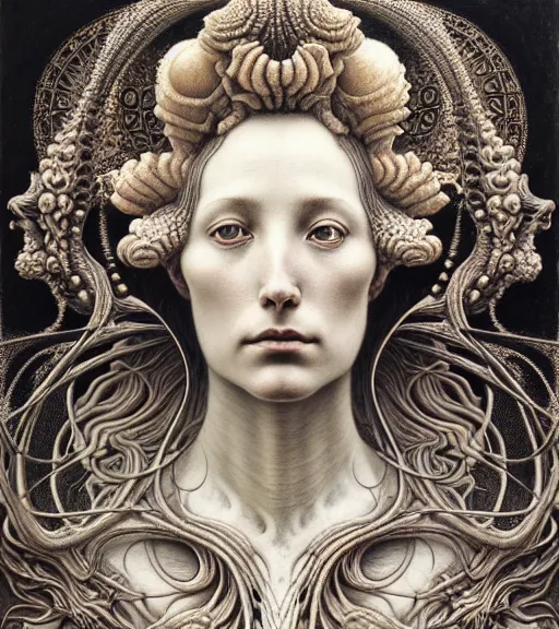 Image similar to detailed realistic beautiful bone goddess face portrait by jean delville, gustave dore, iris van herpen and marco mazzoni, art forms of nature by ernst haeckel, art nouveau, symbolist, visionary, gothic, neo - gothic, pre - raphaelite, fractal lace, intricate alien botanicals, biodiversity, surreality, hyperdetailed ultrasharp octane render