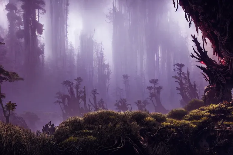 Image similar to wide epic shot from horizon forbidden west. a hyper detailed organic mechanic creatuve realistic similar look as horizon forbidden west horizon zero dawn, bioluminiscence in a dark deep forest at dawn in spring, with reflection and textures, by kilian eng, substance painter reaslitic mech surface metal painted scratches, world env from horizon forbidden west horizon zero dawn