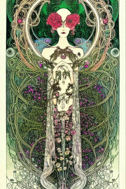 Prompt: centered detailed front view portrait of a beautiful female android with ornate flowers growing around, inside a vine frame ornamentation, flowers, elegant, dark and gothic, full frame, art by kay nielsen and walter crane, illustration style, watercolor