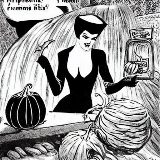 Image similar to vampire woman shopping for pumpkins, 1960s retro sci fi pulp art,