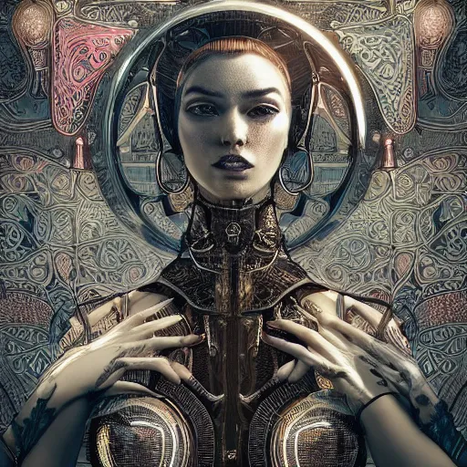 Prompt: the portrait of an absurdly graceful, sophisticated, fashionable ottomanpunk robotess idol, an ultrafine hyperdetailed illustration by kim jisu, intricate linework, neon wiring, porcelain skin, unreal engine 5 highly rendered, global illumination, radiant light, detailed and intricate environment, by wlop, artgerm