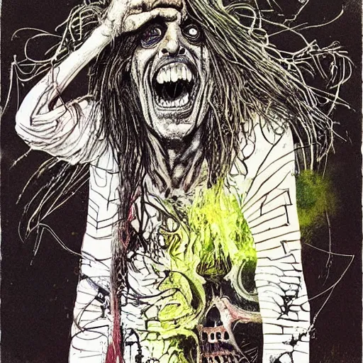 Prompt: graphic illustration, creative design, alice cooper, biopunk, by ralph steadman, francis bacon, highly detailed, concept art, hunter s thompson