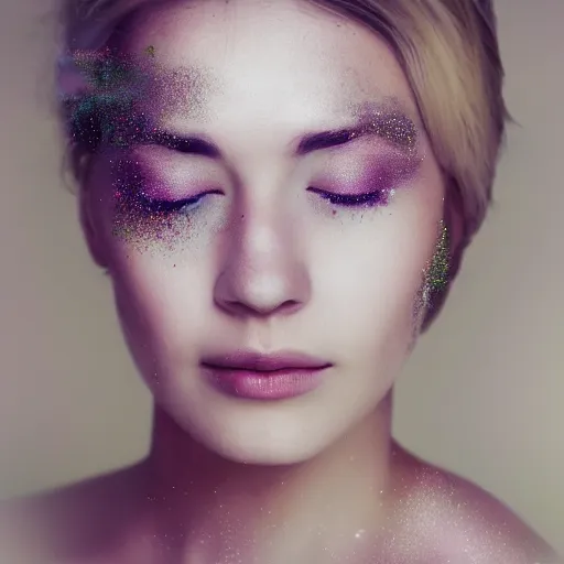 Prompt: canon mark 5, motion blur, realistic character portrait photo of a beautiful woman, muted colours, by britt marling, glitter storm