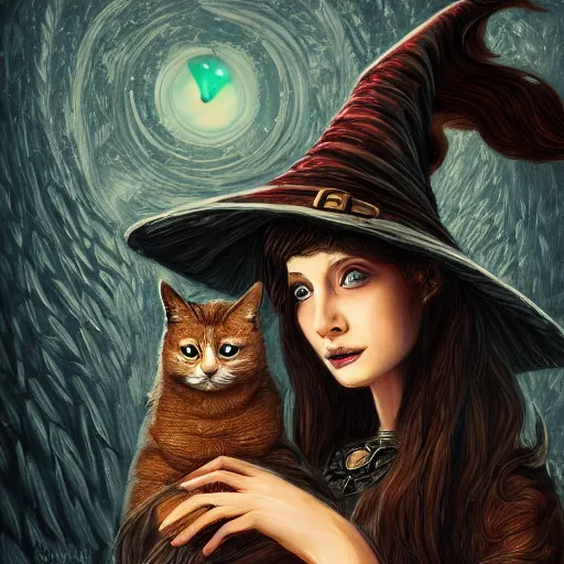 Prompt: elaborately detailed portrait of a beautiful witch and her cat, in a library, dreamscape maximized, cinematic lighting, fantasy art illustration, trending on Artstation