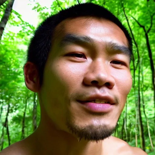 Prompt: a ultra high resolution close - up of asian man from tai tribe in lush green forest. 1 8 years old. tony jaa. photo from the front. cute and beautiful and handsome man is smiling and has eye contact with the camera. face is clear and symetrical. the light is dim, and the colours are muted. kodak etkar 1 0 0.