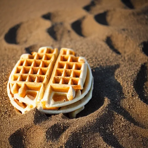 Image similar to an eggo waffle in the sand on the beach, high quality photograph, sigma 8 5 mm f / 8