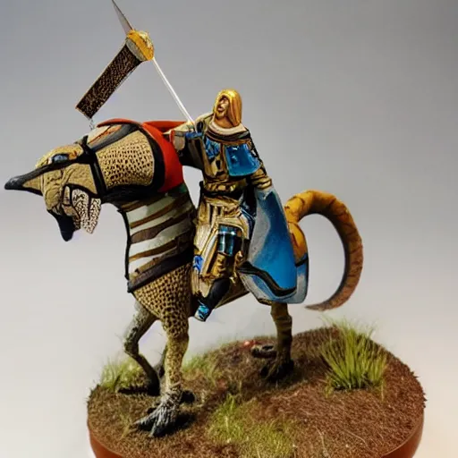 Prompt: A medieval knight riding on a giant leopard gecko, painted wargaming miniature