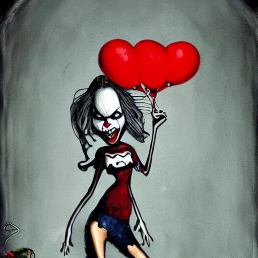 Image similar to grunge cartoon painting of margot robbie with a wide smile and a red balloon by chris leib, loony toons style, pennywise style, corpse bride style, horror theme, detailed, elegant, intricate