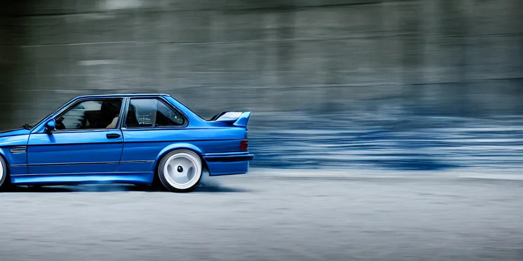 Prompt: bright dark blue BMW e30 drifting, hyper realism, depth of view 8k.