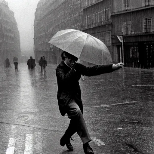 Image similar to the man leaping with an umbrella in a raining paris street, by henri cartier bresson,