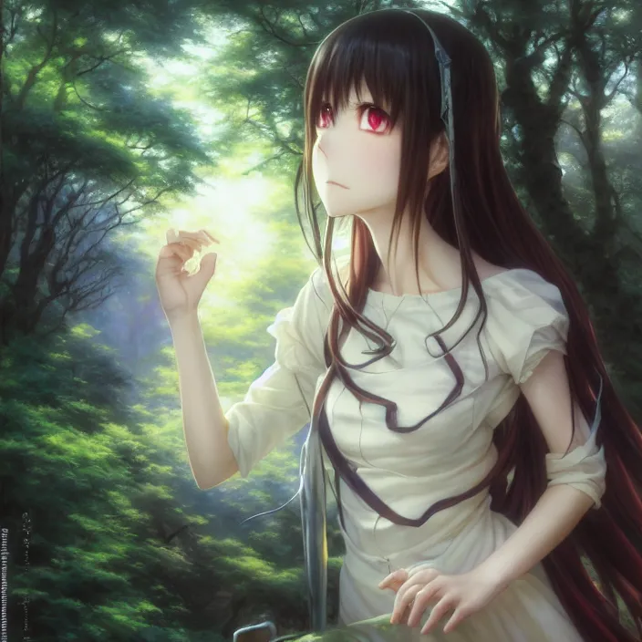 Image similar to Nishimiya Shouko, Albedo from Overlord, Mayer Re-l, Japan Lush Forest, official anime key media, close up of Iwakura Lain, LSD Dream Emulator, paranoiascape ps1, official anime key media, painting by Vladimir Volegov, beksinski and dan mumford, giygas, technological rings, johfra bosschart, Leviathan awakening from Japan in a Radially Symmetric Alien Megastructure turbulent bismuth glitchart, Atmospheric Cinematic Environmental & Architectural Design Concept Art by Tom Bagshaw Jana Schirmer Jared Exposure to Cyannic Energy, Darksouls Concept art by Finnian Macmanus