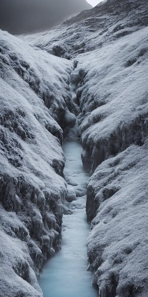 Prompt: dream looking through a hyper realistic photograph of a frozen icy canyon, minimal structure, misty, raining, meditative, timed exposure, icelandic valley, river, in the style of reuben wu, roger deakins