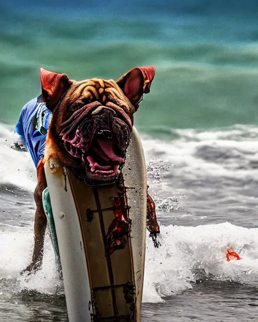 Image similar to zombie dog riding a surfboard on the north shore of hawaii, hyperreal, hdr, atmospheric