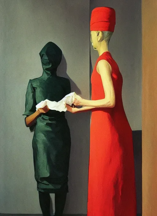 Image similar to woman in dress made from plastic bag with paper bags for clothes standing inside paper bags with paper bag over the head at store display Edward Hopper and James Gilleard, Zdzislaw Beksinski, highly detailed