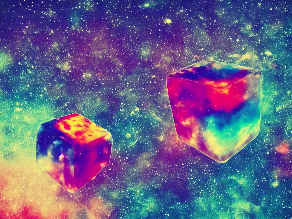 Prompt: one realistic and colourful big ice cube floating in the universe, galaxies and stars at the background, polaroid photo style, retro effect, high details