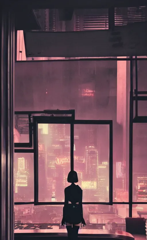 Image similar to vertical movie frame, girl in 7 0's retro restaurant, editorial, fashion, neon - decorated urban on night in the city seen through the window, modern architecture design, vintage, night, blade runner, dark, clean lines, asian futuristic city at distance, big windows, octane, wide angle