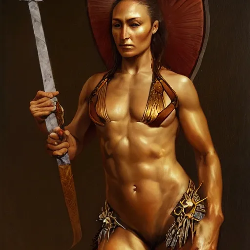 Image similar to the portrait of jessica ennis hill as amazon warrior in bikini by roberto ferri, fantasy, witcher, very detailed oil painting, masterpiece, 8 k