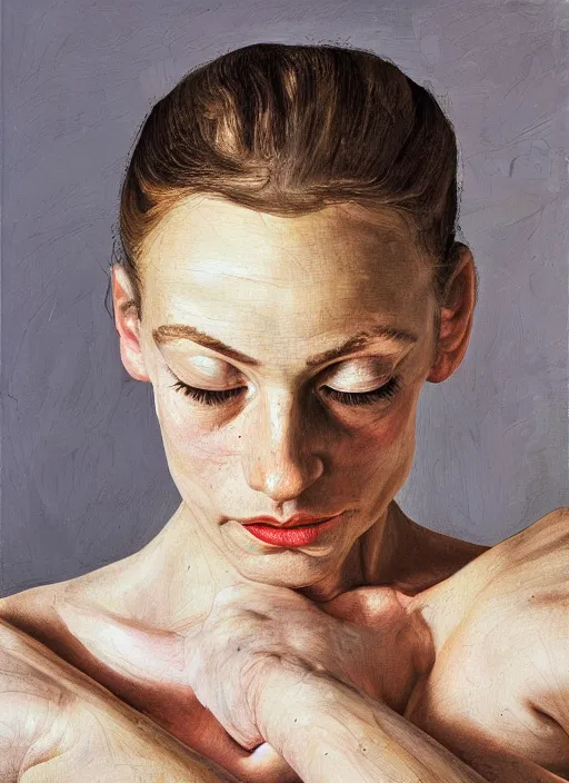 Image similar to high quality high detail painting by lucian freud, hd, exaggerated portrait of a ballerina, photorealistic lighting