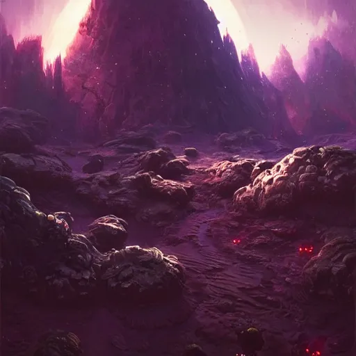 Image similar to alien planet, floral, landscape, scenery, oil painting, Tooth Wu, Greg Rutkowski, RPG, dynamic lighting, fantasy art, High contrast, depth of field