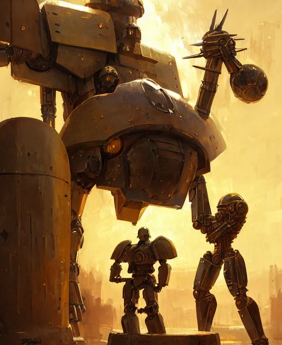 Image similar to human-sized strong intricate yellow pit droid holding large paladin medieval shield!!! and a long medieval engraved powerful great sword, pancake short large head painterly humanoid mecha, beautiful fantasy background by Greg Rutkowski