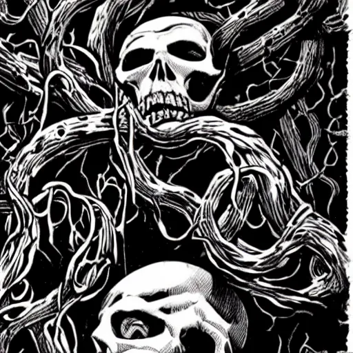 Image similar to A skull, with vines coming out of the eye sockets. Dark Fantasy, Film Noir, Black and White. High Contrast, Mike Mignola, D&D, OSR