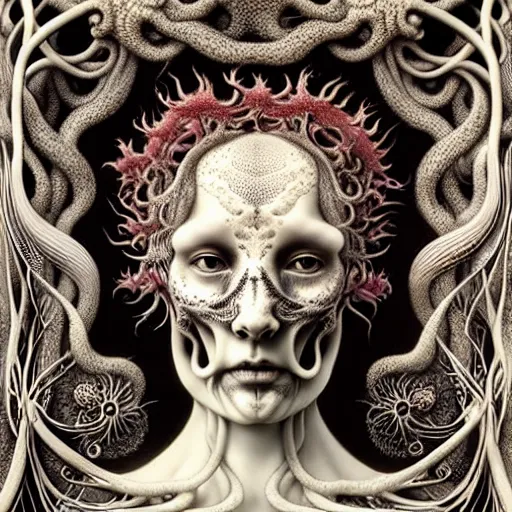 Image similar to detailed realistic beautiful porcelain calaveras face portrait by jean delville, gustave dore, iris van herpen and marco mazzoni, art forms of nature by ernst haeckel, art nouveau, symbolist, visionary, gothic, neo - gothic, pre - raphaelite, fractal lace, intricate alien botanical biodiversity, surreality, hyperdetailed ultrasharp octane render