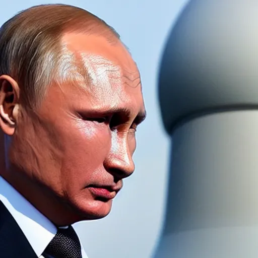 Prompt: putin with a vertical nuclear bomb explosion coming from his head