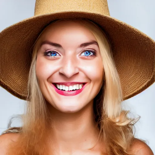 Prompt: portrait of a smiling 2 5 - year - old french woman with 9 0 degree nails pretty face, perfect large eye, medium yellow blond hair, character with a hat, hair comes out of the hat a little