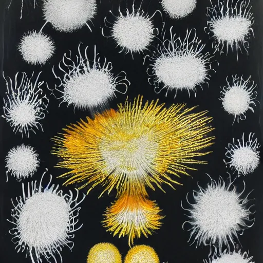 Prompt: a painting of a bunch of flowers on a black background, an ultrafine detailed painting by otto piene and ross bleckner, behance contest winner, nuclear art, biomorphic, dye - transfer, calotype