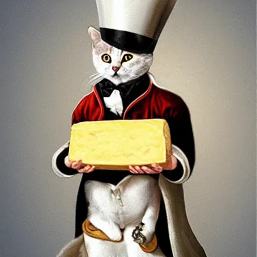 Image similar to cat dressed like napoleon holding a block of cheese