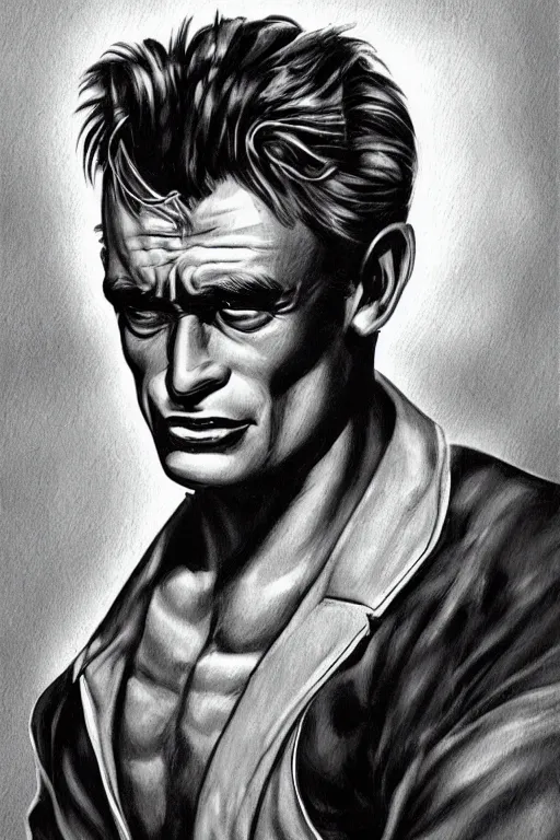 Image similar to james dean as the incredible hulk, handsome monster, sharp cheekbones, deep dimples, strong jaw, dynamic lighting, ultra detailed, fantasy illustration, comic concept art