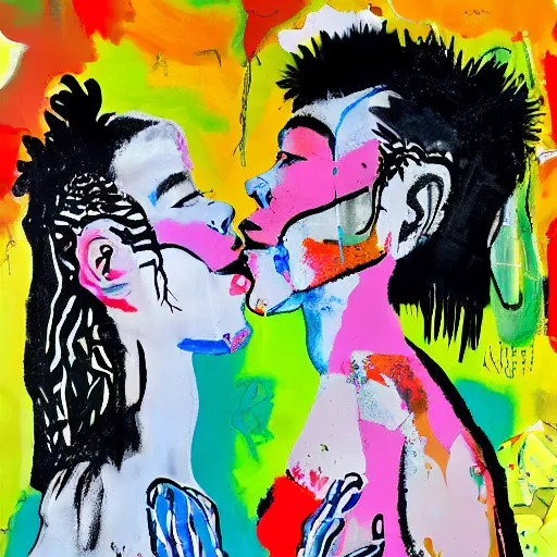 Prompt: acrylic painting of two bizarre psychedelic goth women kissing in china in summertime, speculative evolution, mixed media collage by basquiat and jackson pollock, maximalist magazine collage art, sapphic art, psychedelic illustration