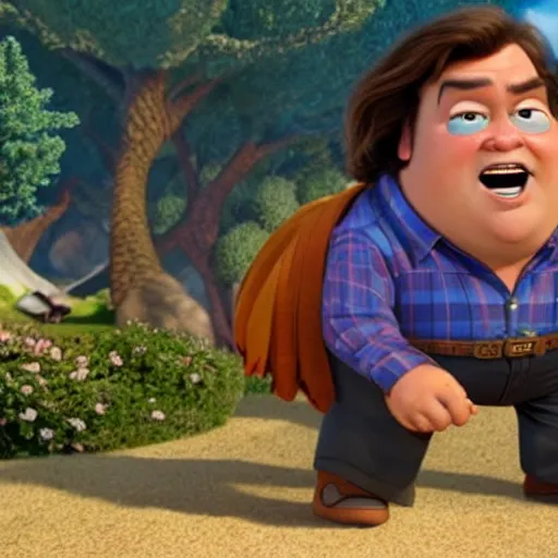 Image similar to Jack Black in Pixar's Up, CG movie still, very detailed