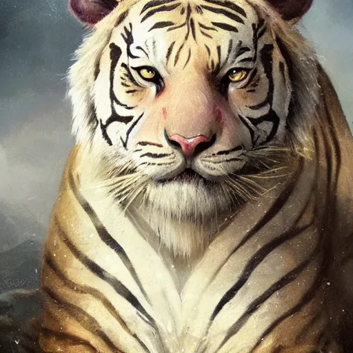 Image similar to a beautfiul award winning aesthetic commission of an antrho albino tiger wearing golden victorian aemour,digital art,art by greg rutkowski,character design by charles bowater,ross tran,photorealistic,detailed face,hyperdetailed,western comic,2021,artstation,deviantart,western comic style