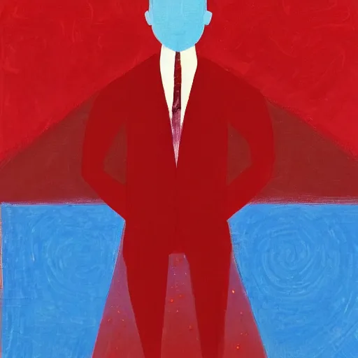 Prompt: A beautiful conceptual art of a man in a red suit with a blue background. The man's eyes are closed and he has a serene, content look on his face. His arms are crossed in front of him and he appears to be floating in space. The blue background is swirling with geometric shapes and patterns. by Clive Madgwick bleak, rigorous
