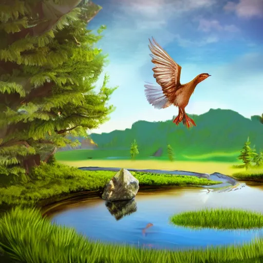 Prompt: prompt anthropomorphic bird, sitting at a pond, mountainous area, trees in the background, digital art