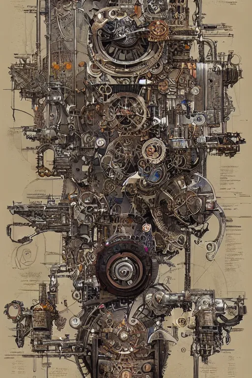 Image similar to a full page concept designs of a robotic device, steampunk blueprint, intricate details, ink on paper, scientific, Highly detailed labeled, poster, peter mohrbacher