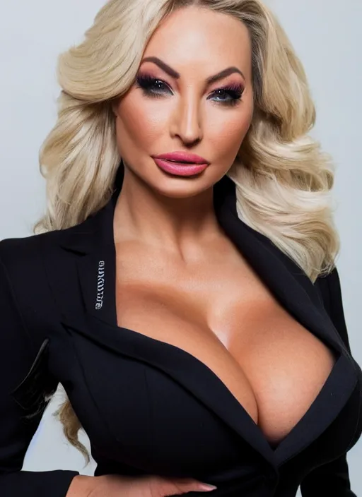 Image similar to portrait of lindsey pelas tight white shirt underneath a black suit with a pencil skirt, office, by charlotte grimm, natural light, detailed face, beautiful features, symmetrical, canon eos c 3 0 0, ƒ 1. 8, 3 5 mm, 8 k, medium - format print,