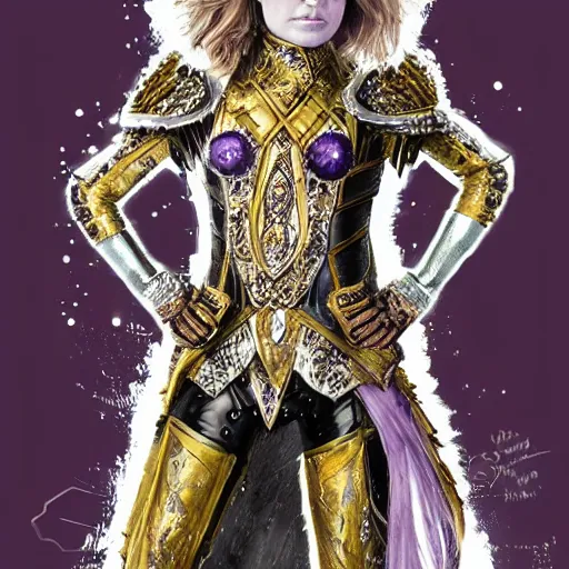 Prompt: full body photo of emma stone as a warrior with amethyst encrusted armour