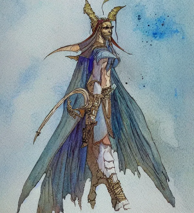 Image similar to a 3 / 4 view watercolor ink painting of an elf cleric / wizard wandering a ringworld bringing miracles in the style of jean giraud in the style of moebius trending on artstation deviantart pinterest detailed realistic hd 8 k high resolution